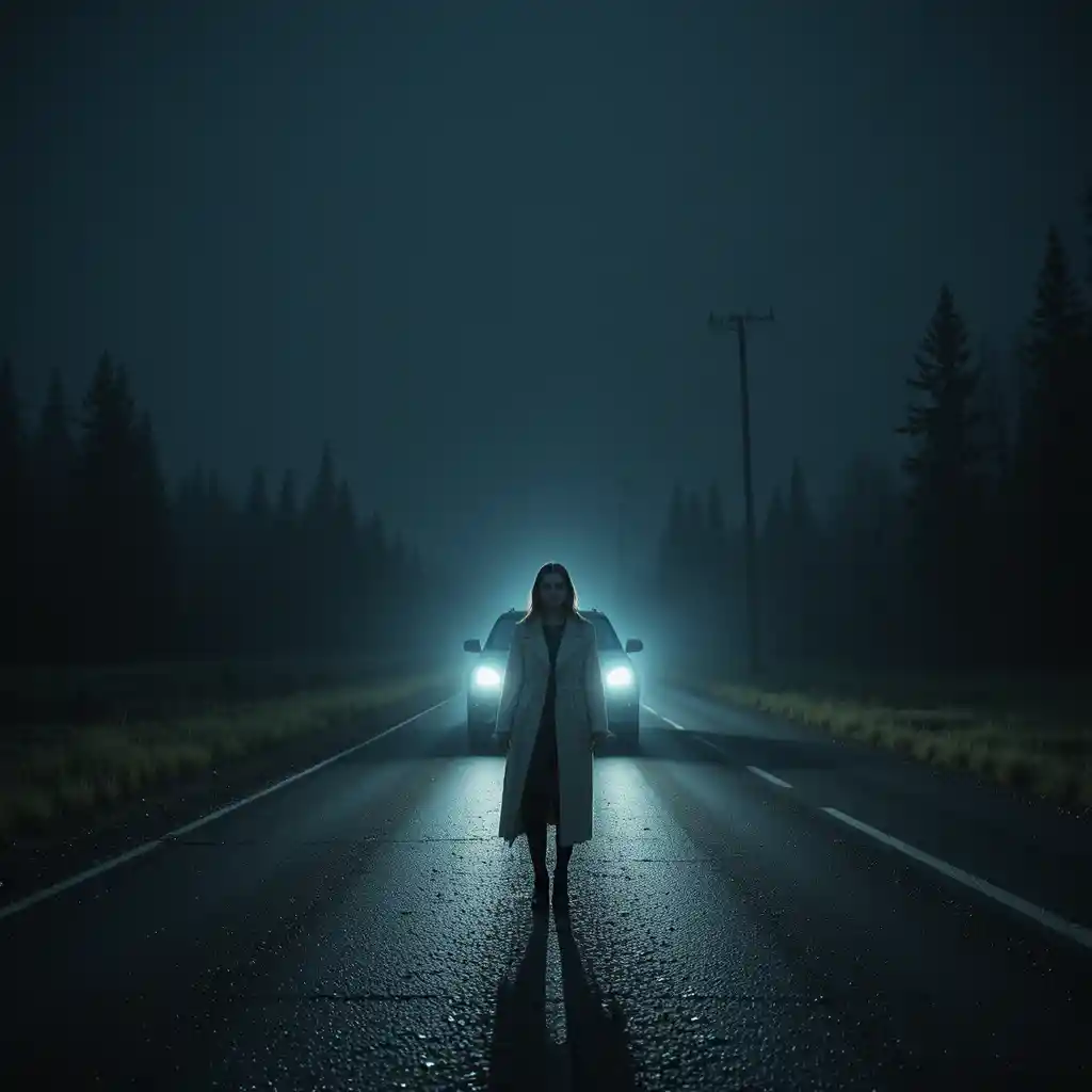 Woman in headlights on a foggy rural highway at midnight