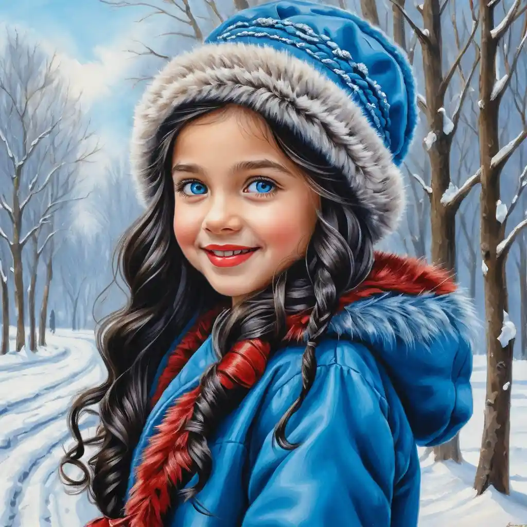 Smiling winter girl in blue fur coat illustration