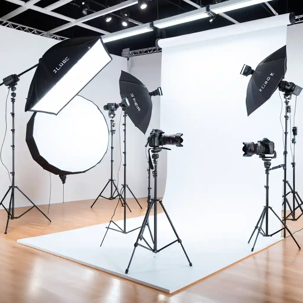 Professional camera in glowing orb filled photo studio