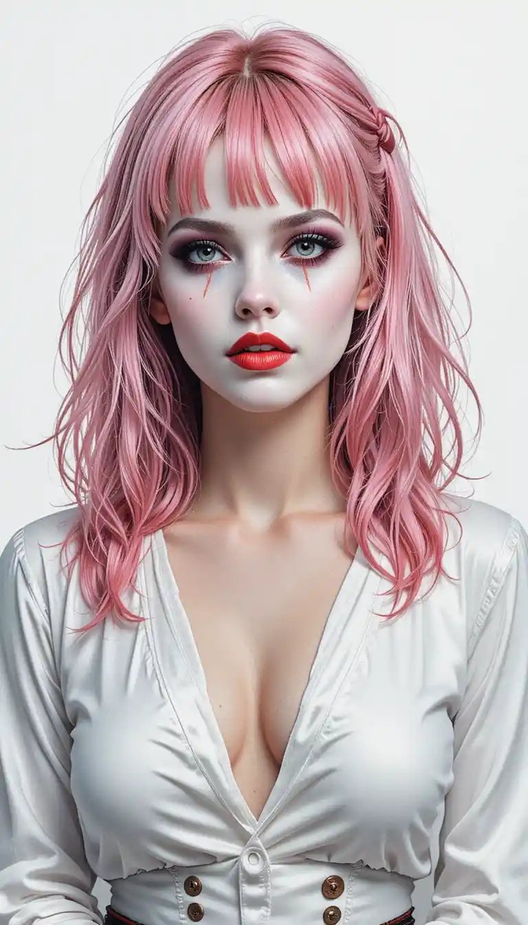Watercolor portrait of a female clown with pink hair
