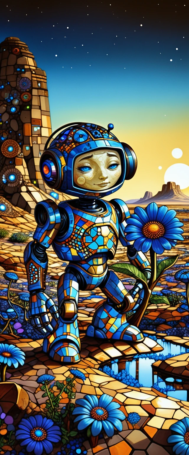 Robot Holding Blue Flower In Apocalyptic Wasteland