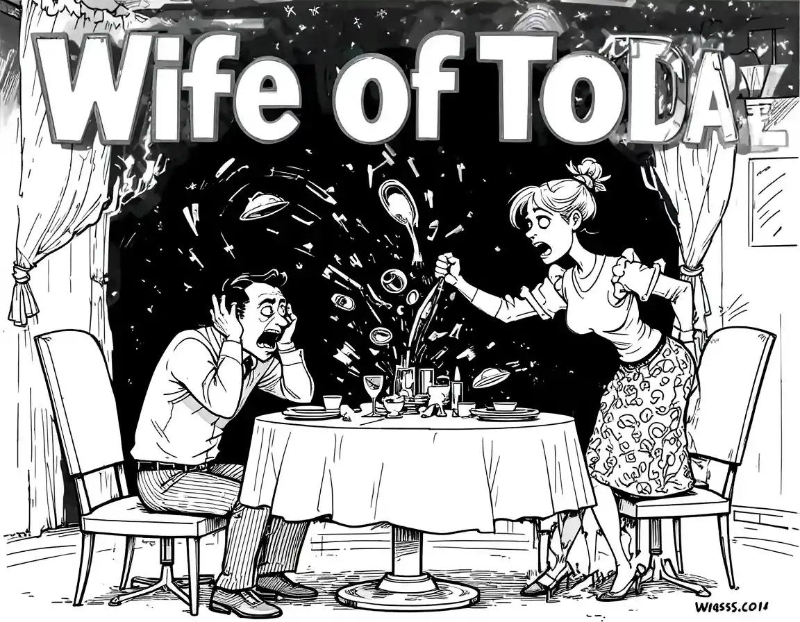 Coppia caotica in stile cartoon che litiga al tavolo da pranzo