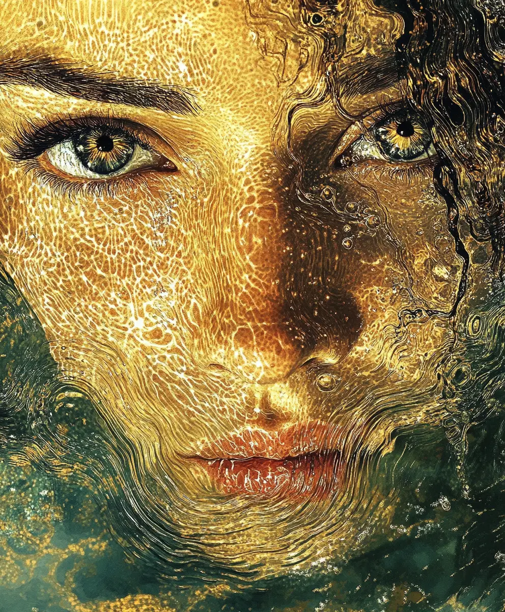 Surreal close up of submerged face in shimmering water