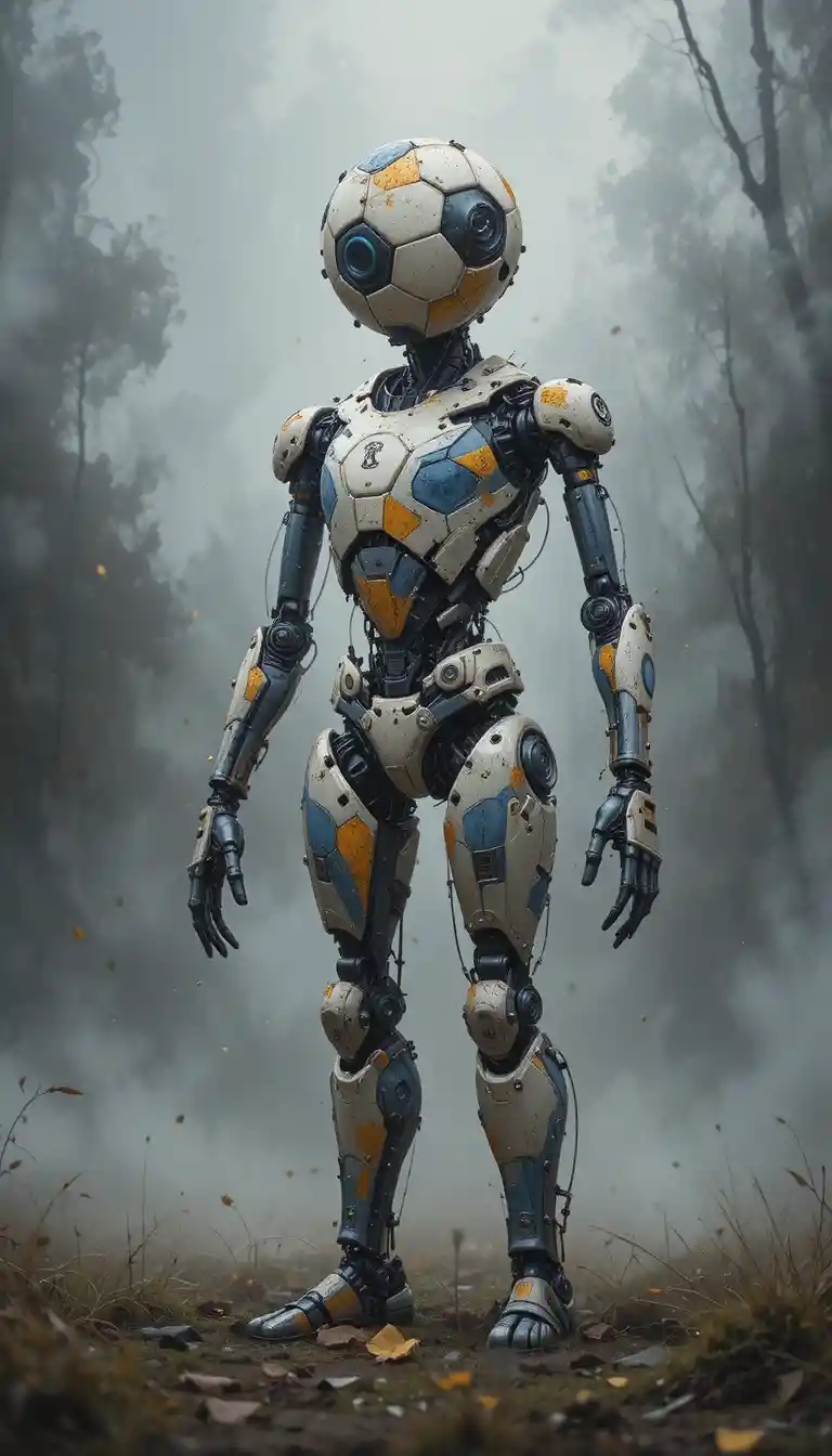 Close up oil painting of a soccer ball robot