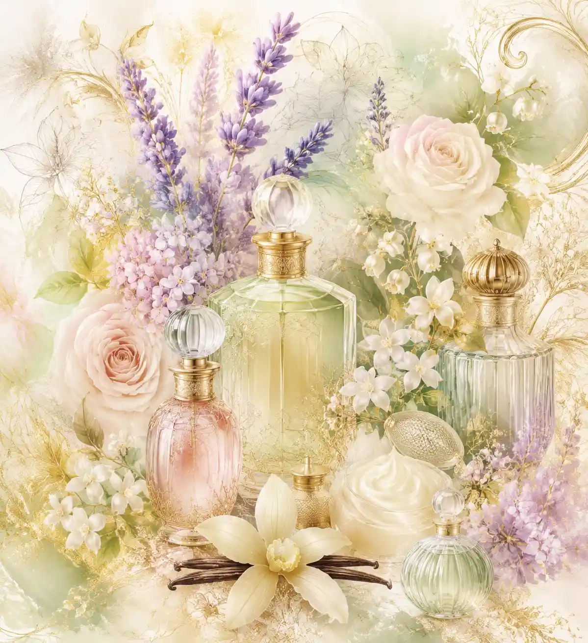 Elegant perfume moodboard with flowers and soft gold details