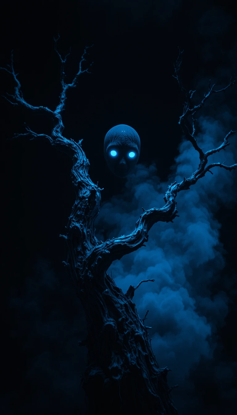 Ominous twisted tree branch in cool blue against black