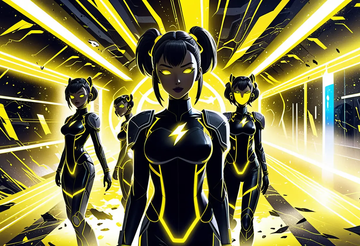 Dolci ragazze anime in un luminoso laboratorio di ricerca sci‑fi