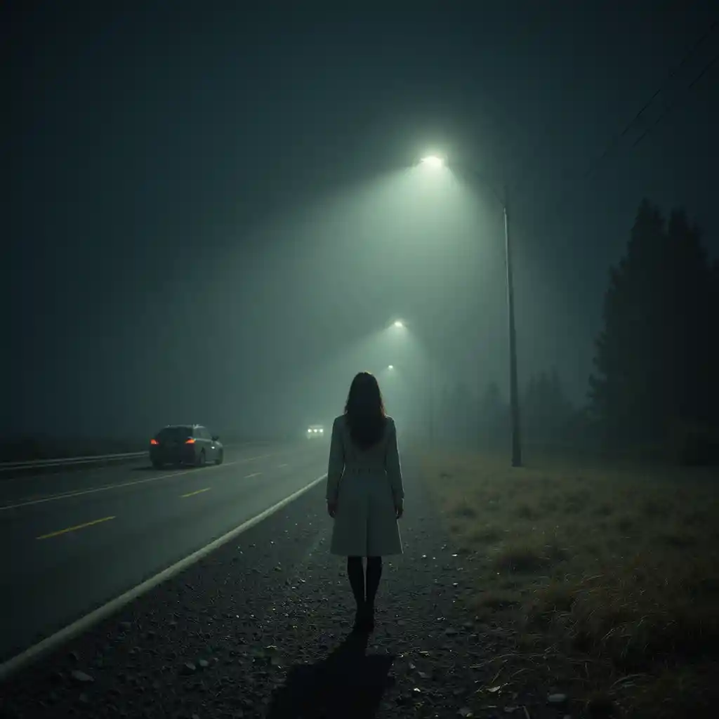 Woman by a stopped car on a foggy night highway