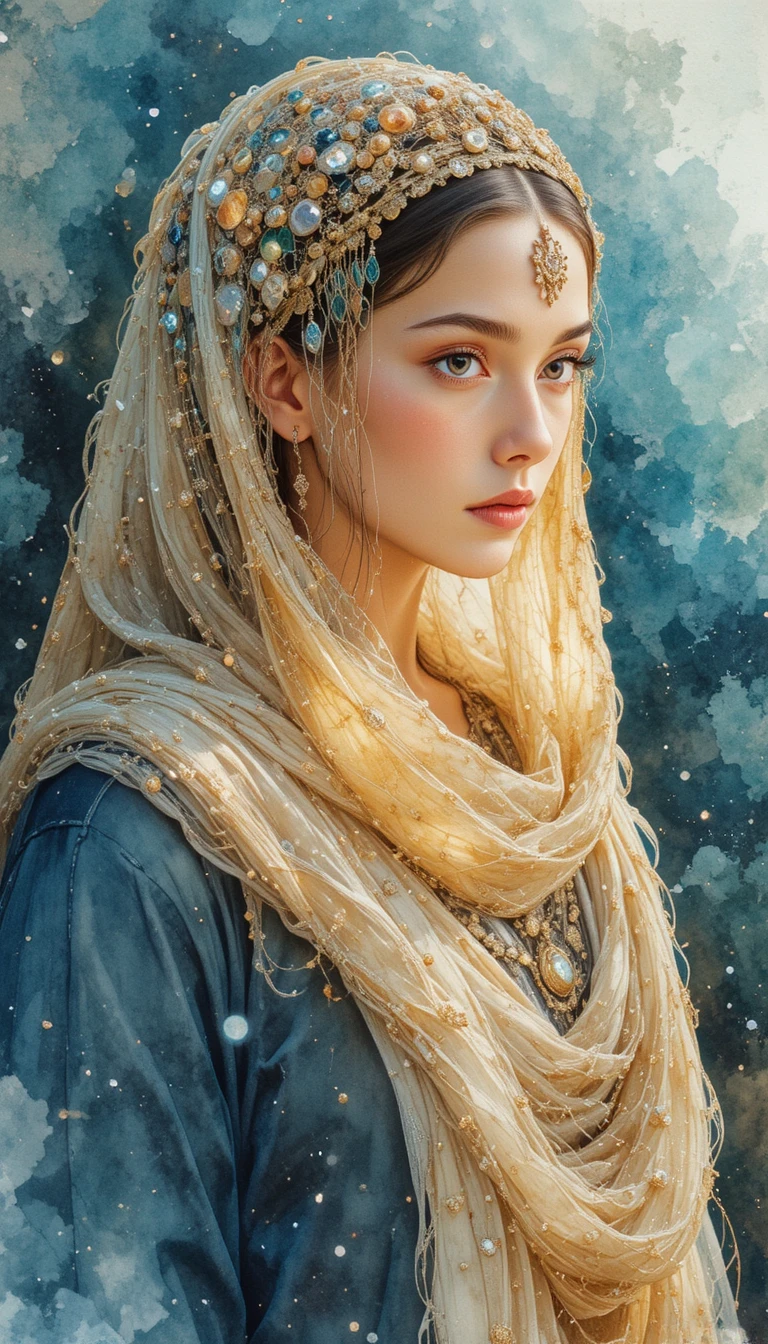 Ancient queen in noble dress with shimmering sea silk scarf