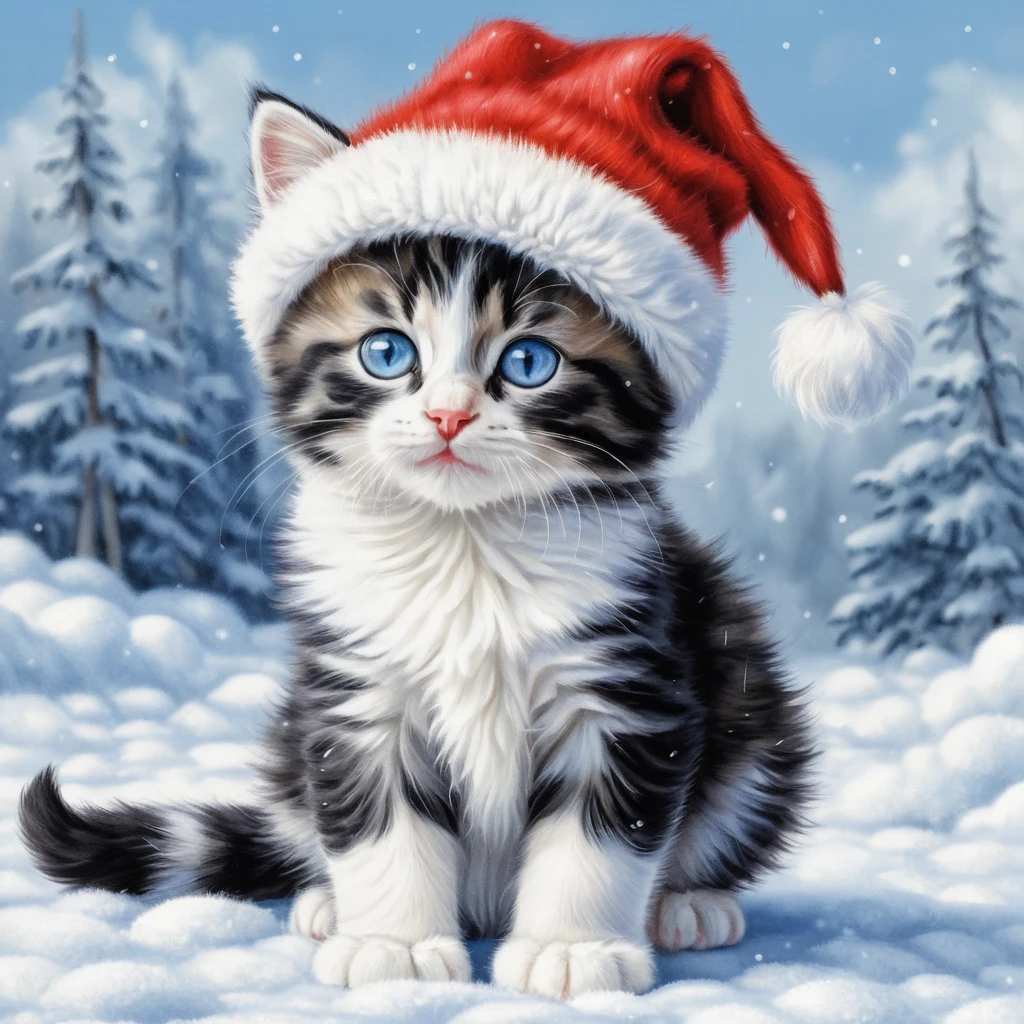 Cute tabby kitten in red winter hat with blue eyes