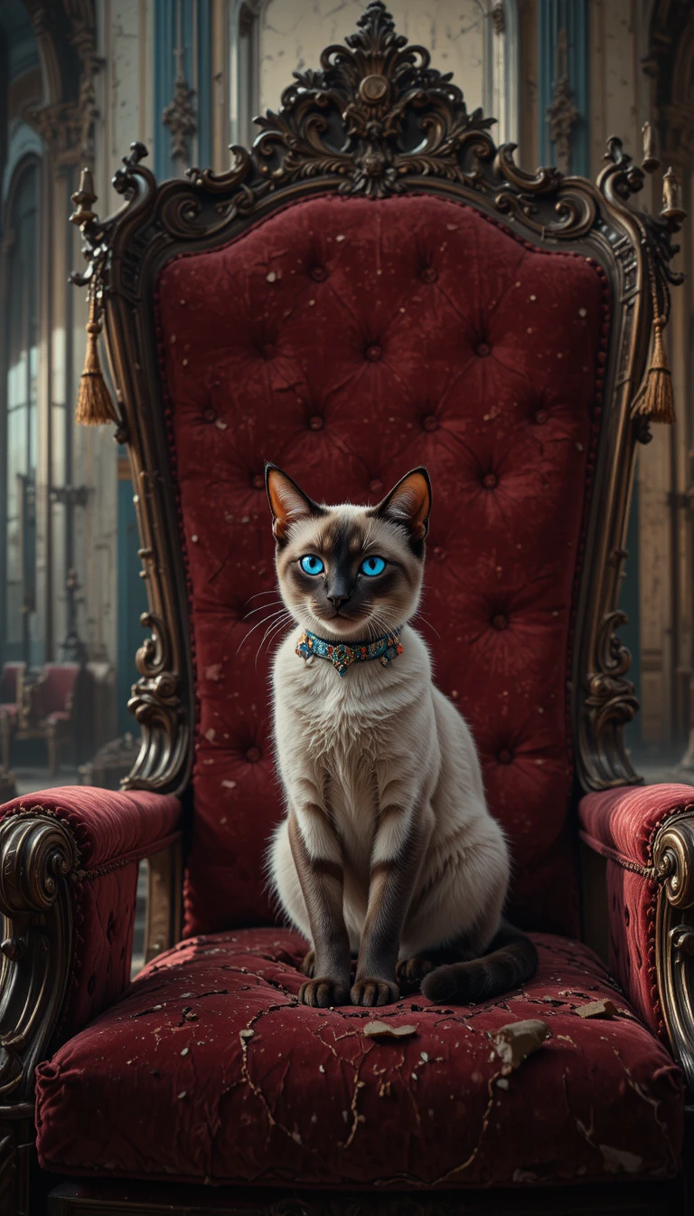 Regal Siamese Cat On Velvet Throne In Faded Ballroom