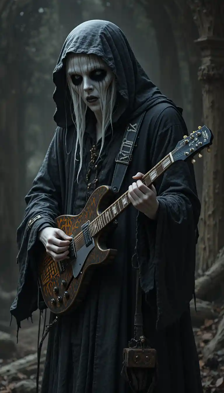 Ghost in black robe rocking on an electric guitar