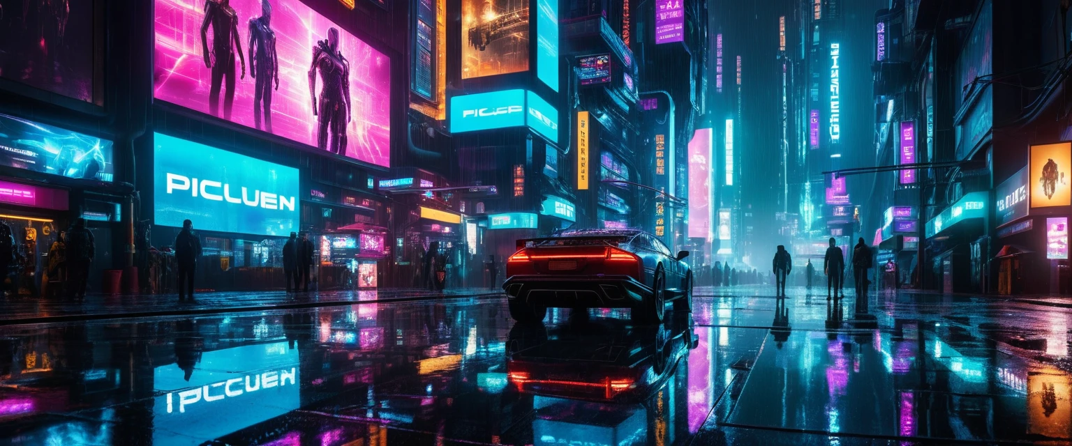 Rainy cyberpunk city street with glowing holographic billboard