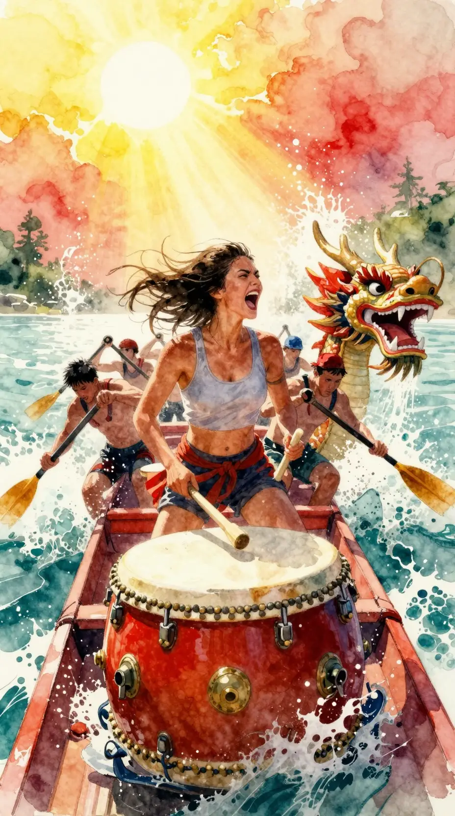 Watercolor woman drummer leading a dramatic dragon boat race