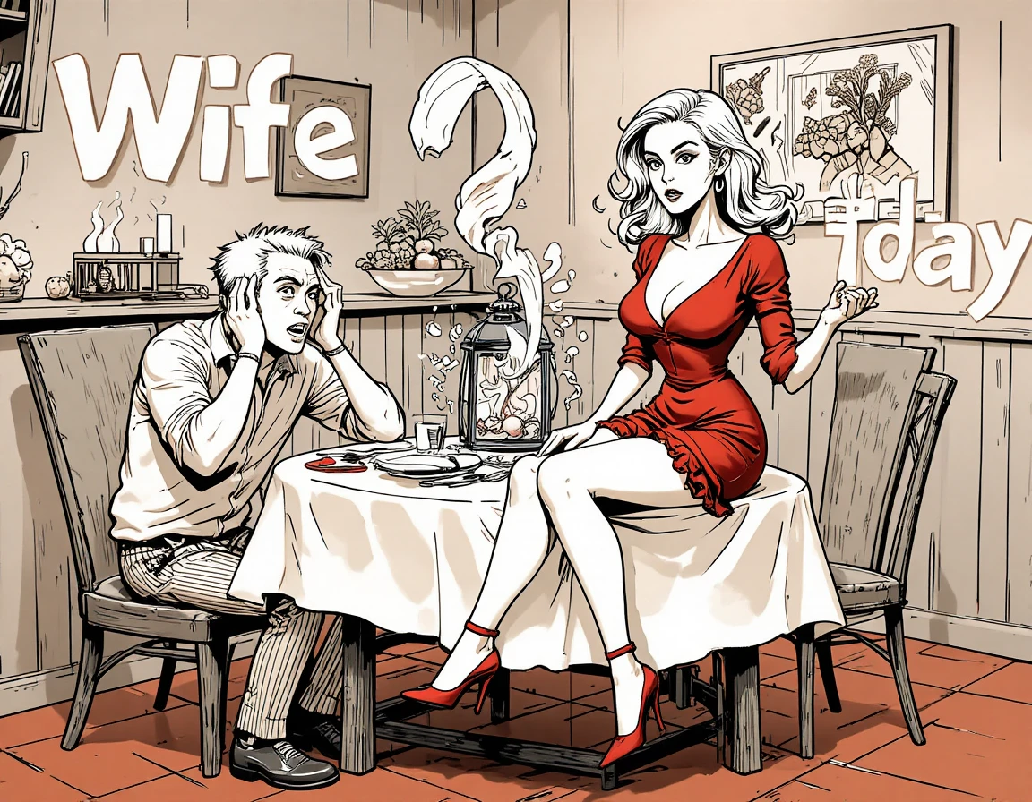 Chaotic cartoon couple arguing at a dining table