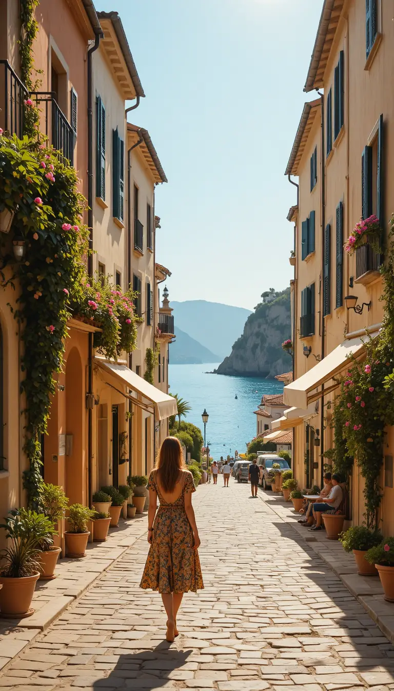 Frau im goldenen Sonnenlicht in einer mediterranen Stadtstraße