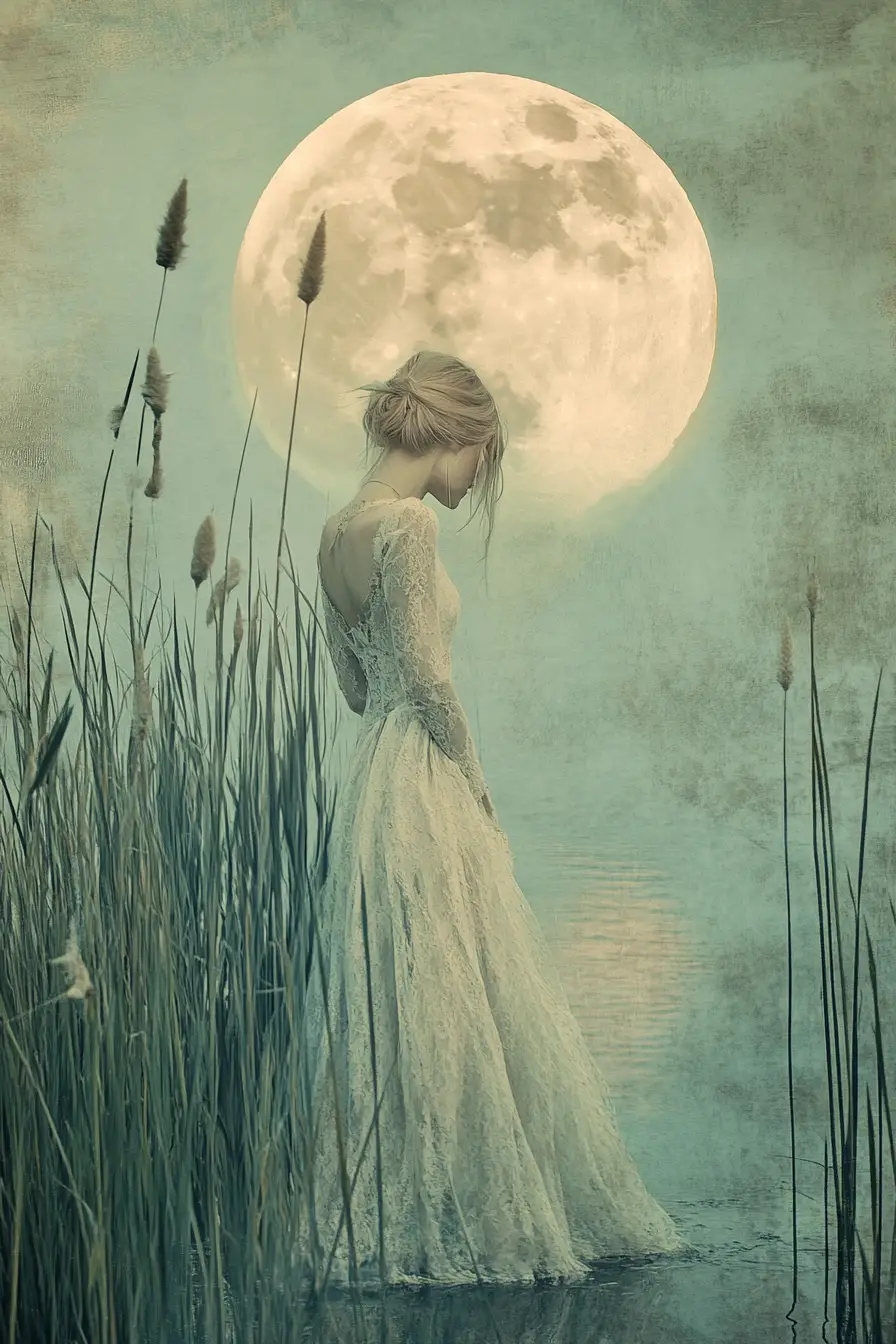 Ethereal woman walking into a moonlit lake at dusk