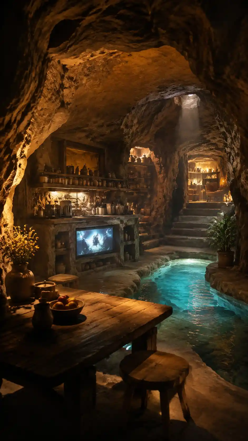 Cozy underground cave home with glowing rock carved kitchen