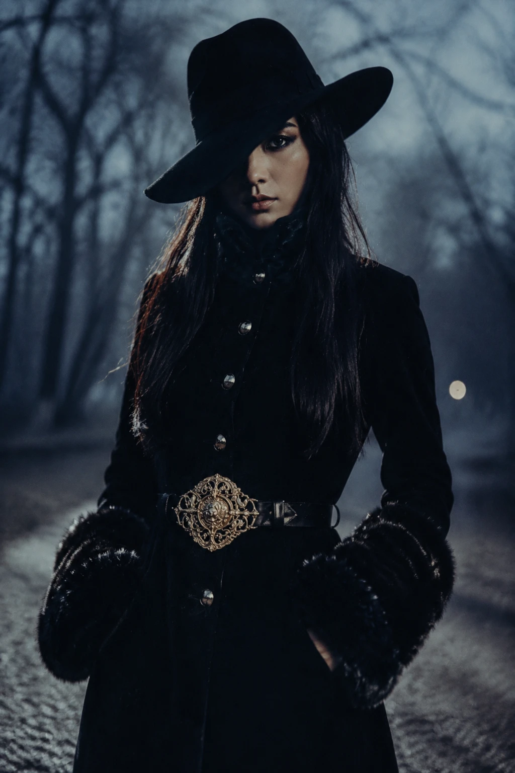 Mysterious Japanese woman in hat on misty forest path