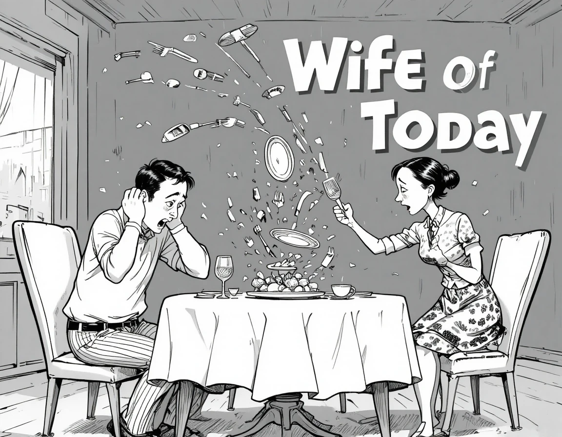 Cartoon couple arguing at a chaotic dining room table