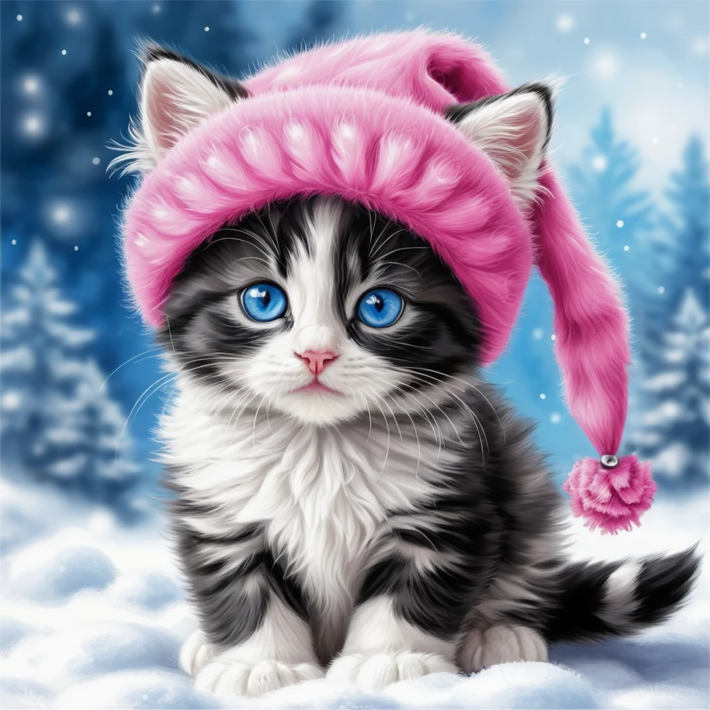 Cute tabby kitten in pink winter hat colored pencil art
