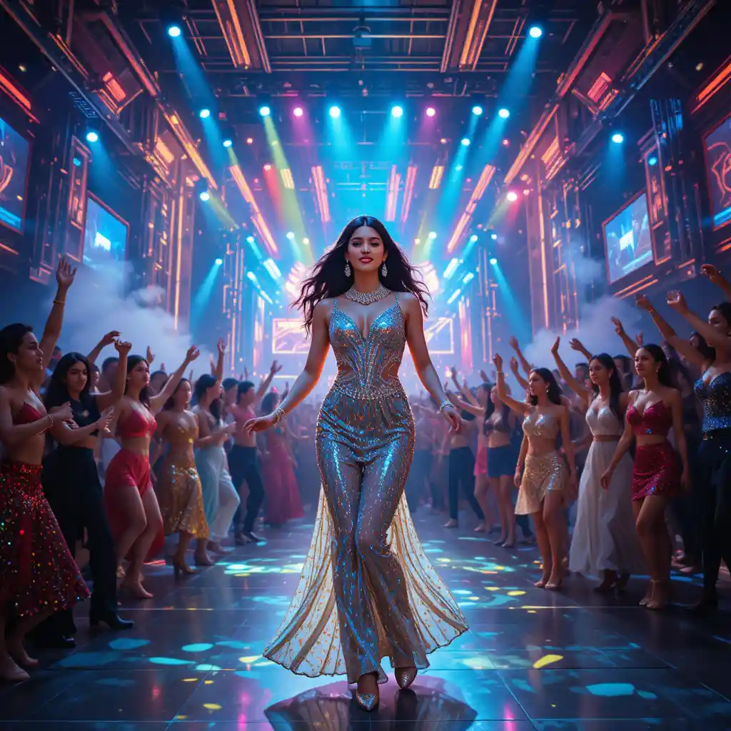 Bollywood dance club crowd under vibrant neon stage lights