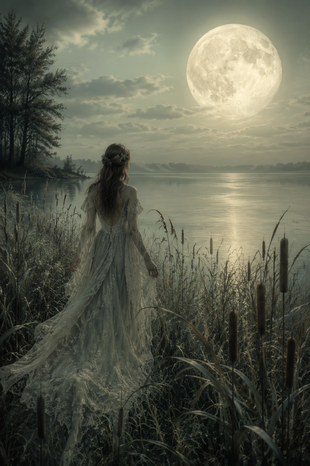 Ethereal woman walking through cattails by a moonlit lake