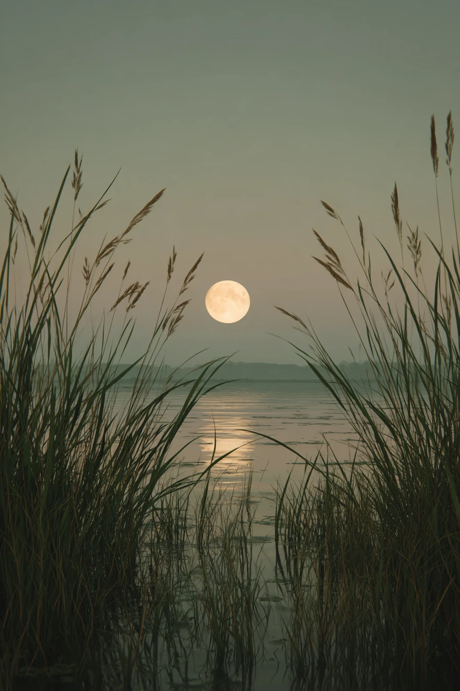 Serene lakeside at dusk under a rising full moon