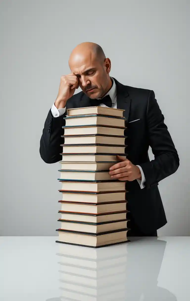 Bald man in tuxedo leaning on tall stack of books