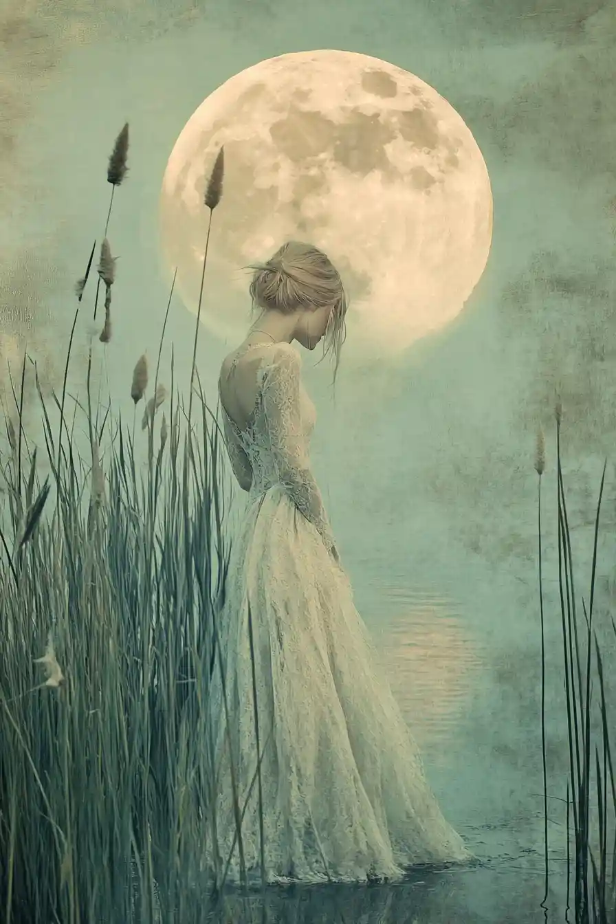 Ethereal woman walking into a moonlit lake at dusk