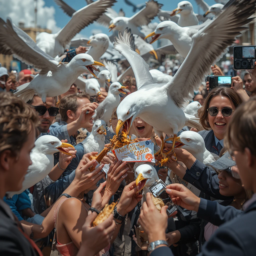 Seagulls attacking tourists and stealing food in a busy street