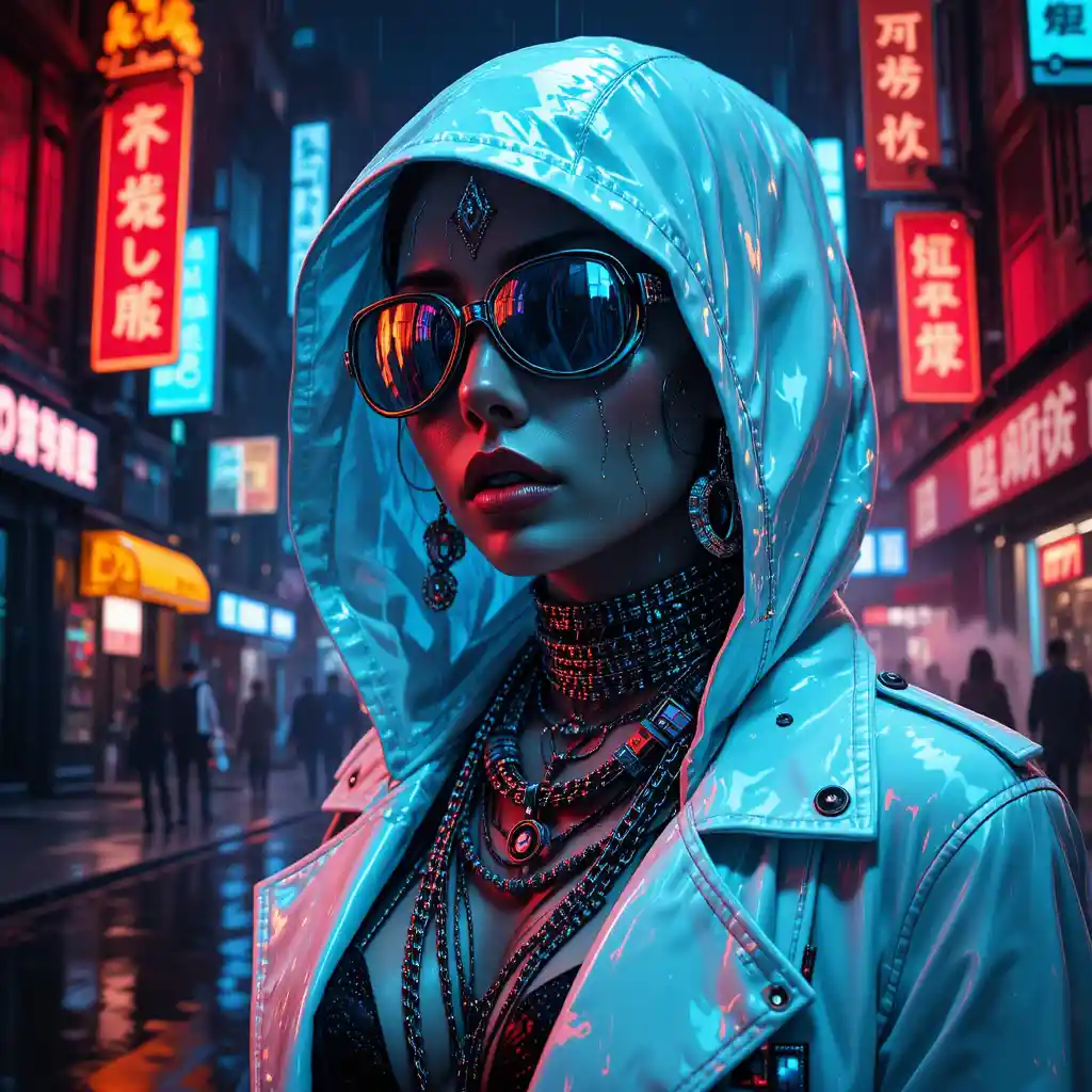 Cyberpunk woman in neon noir latex trench coat portrait