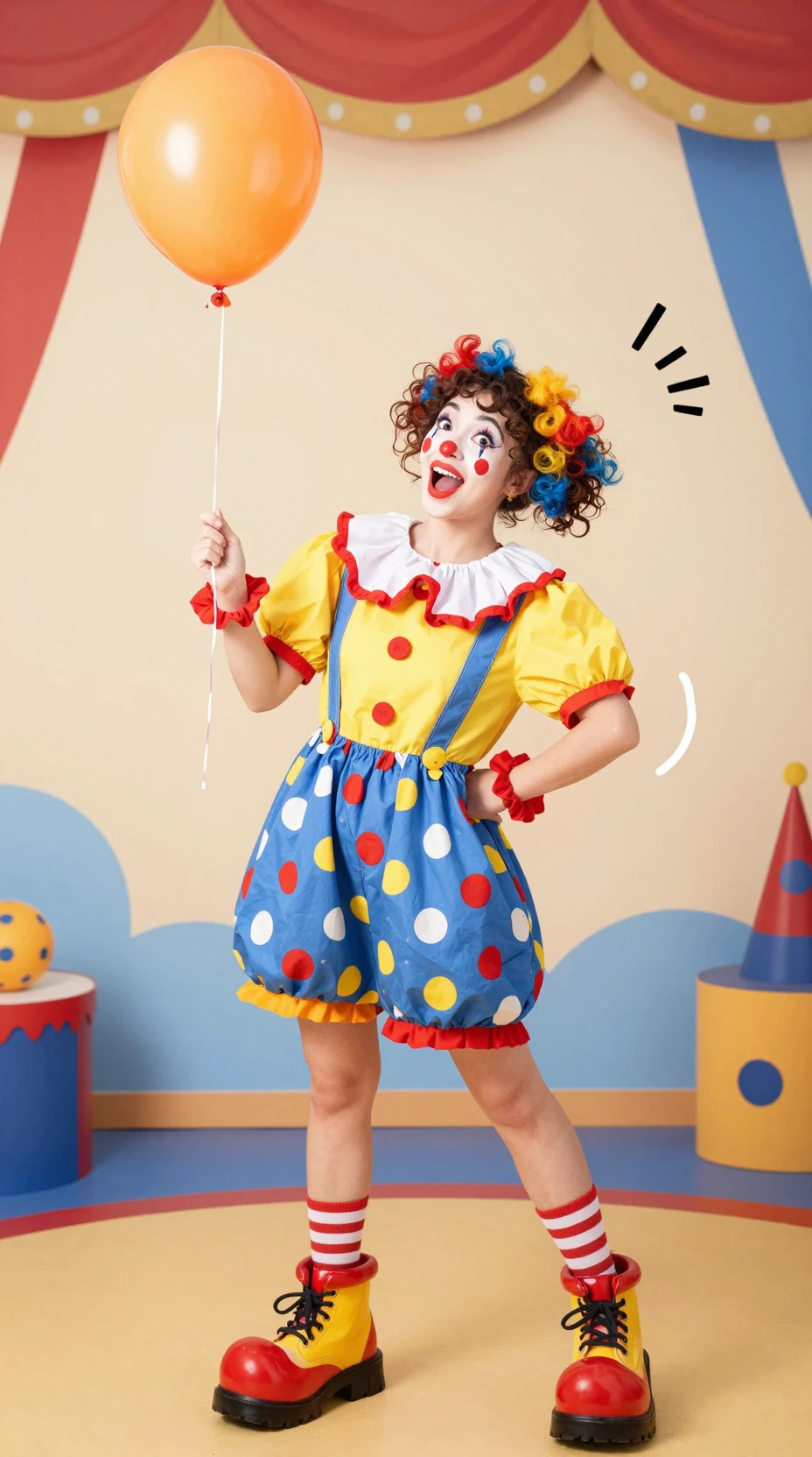 Cheerful clown girl with balloon in colorful circus scene