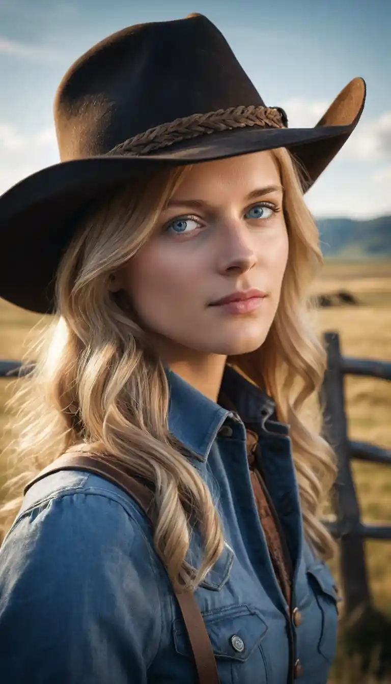 Blonde woman in cowboy hat on rustic fence in sunlight