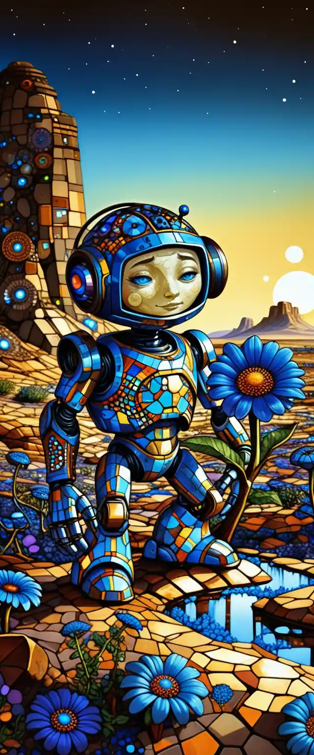 Robot Holding Blue Flower In Apocalyptic Wasteland