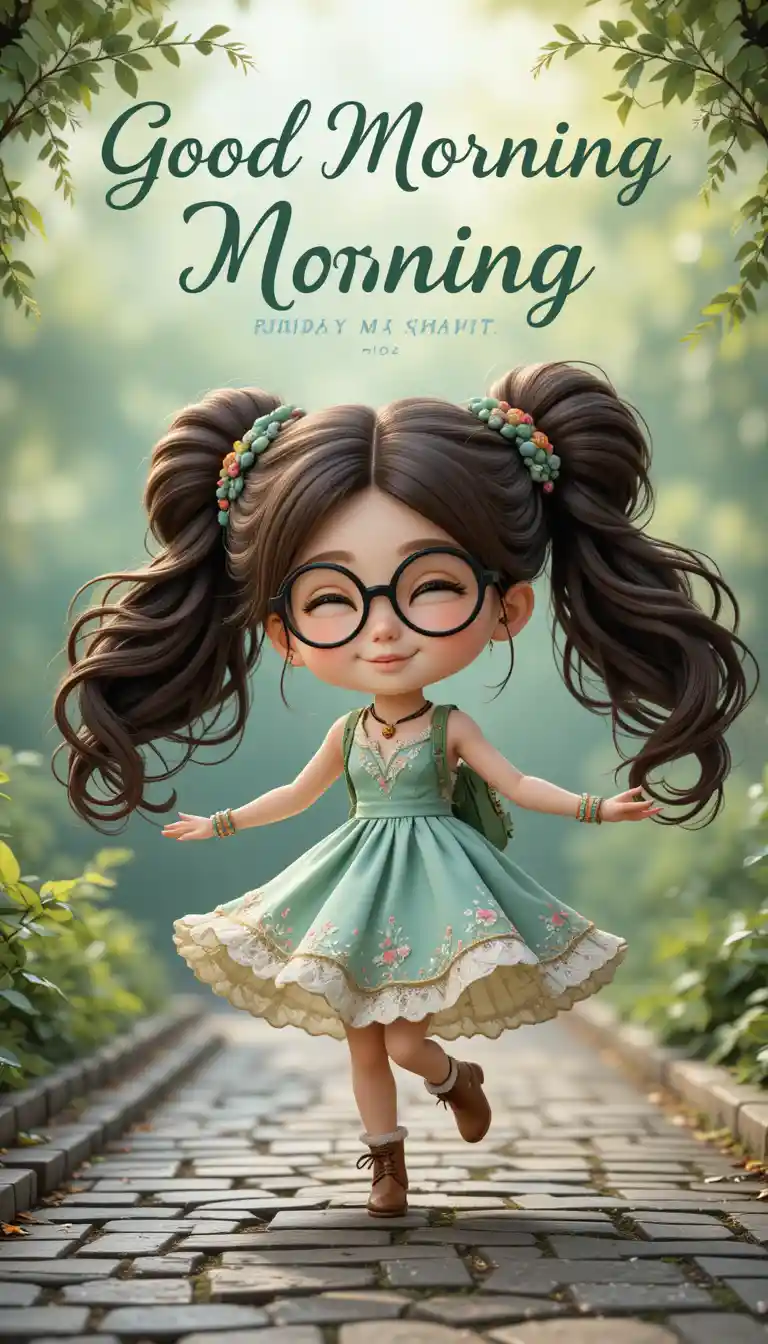 Chibi girl dancing on cobblestone path in soft morning light