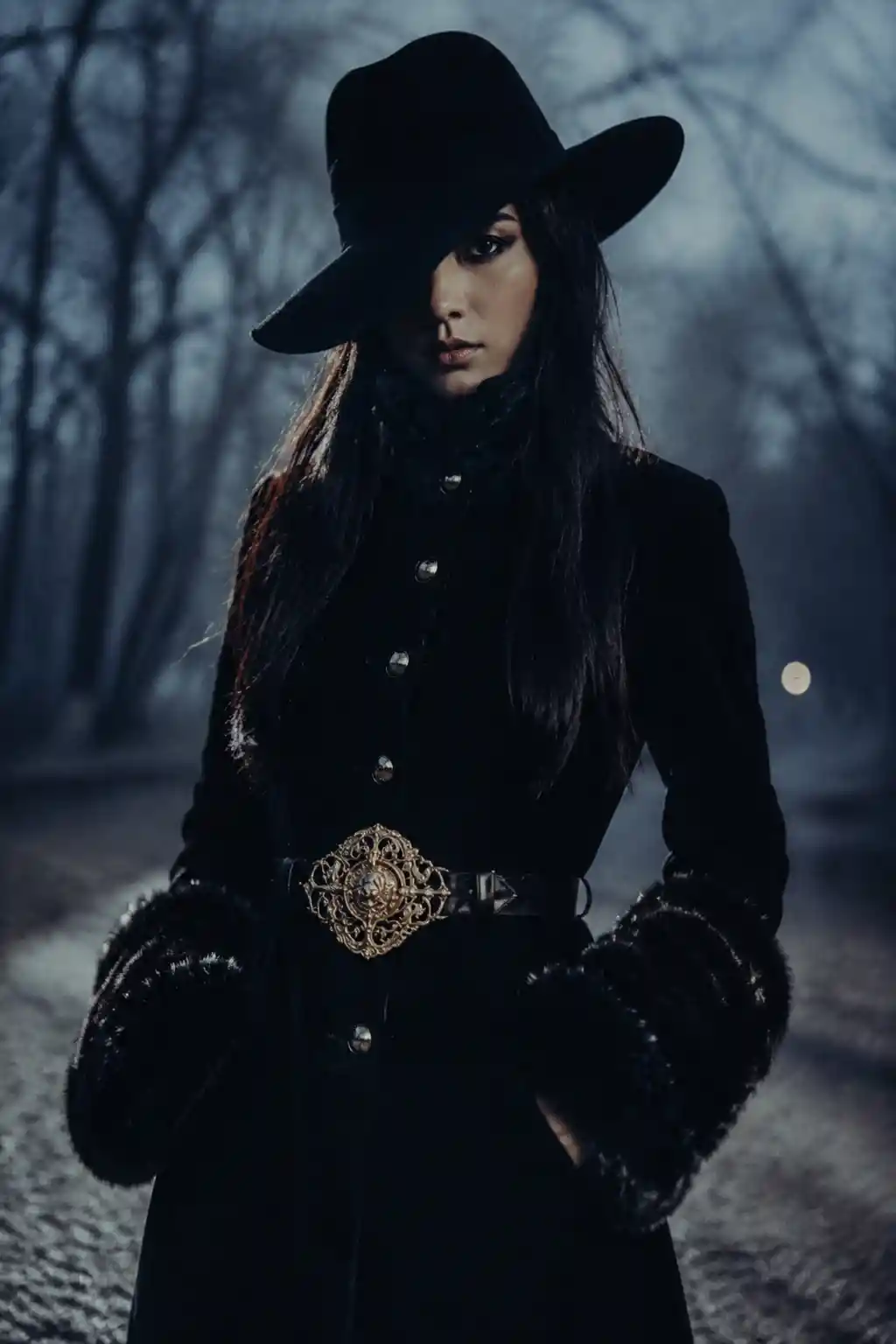 Mysterious Japanese woman in hat on misty forest path