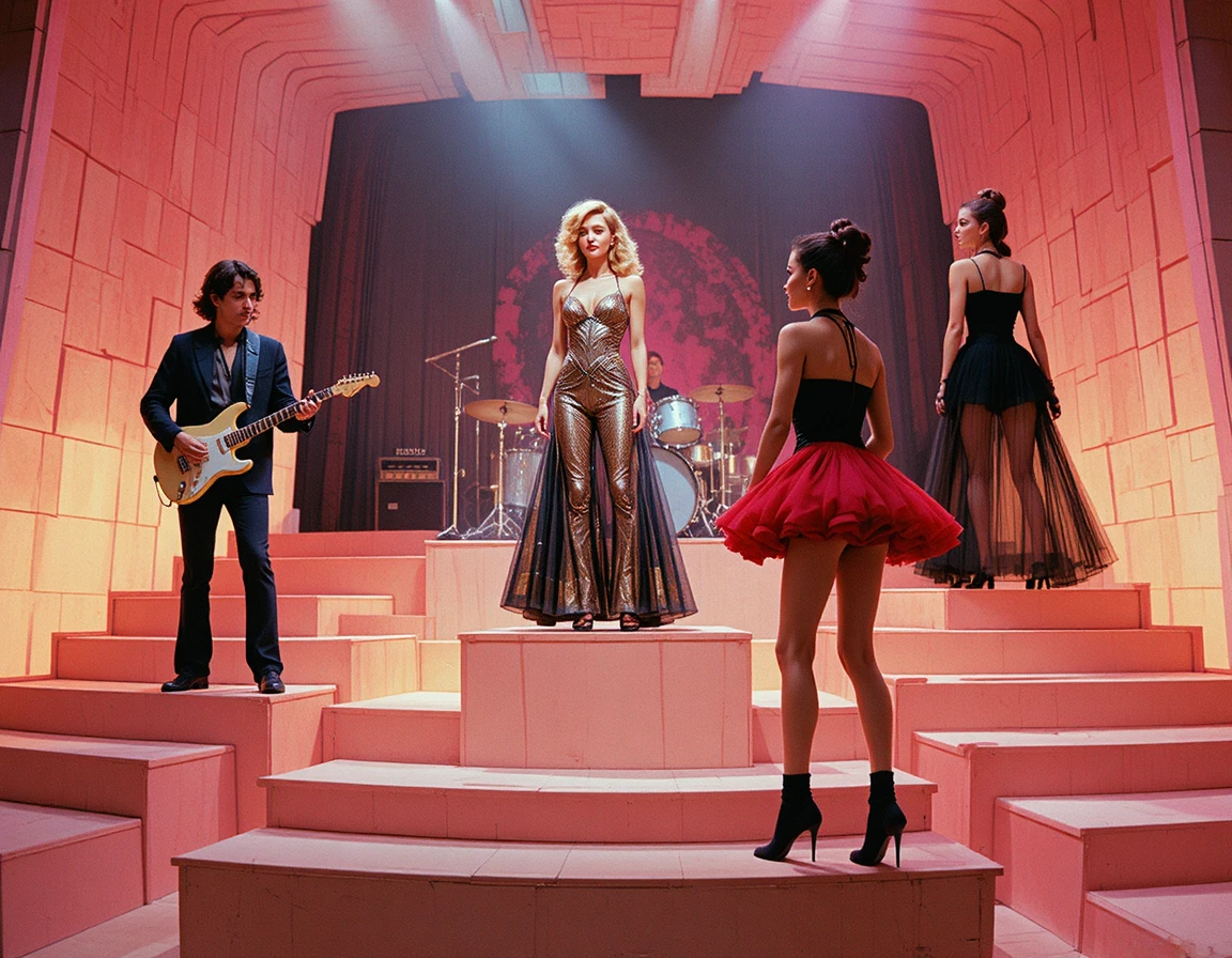 Retro stage performance with singer guitarist and dancers