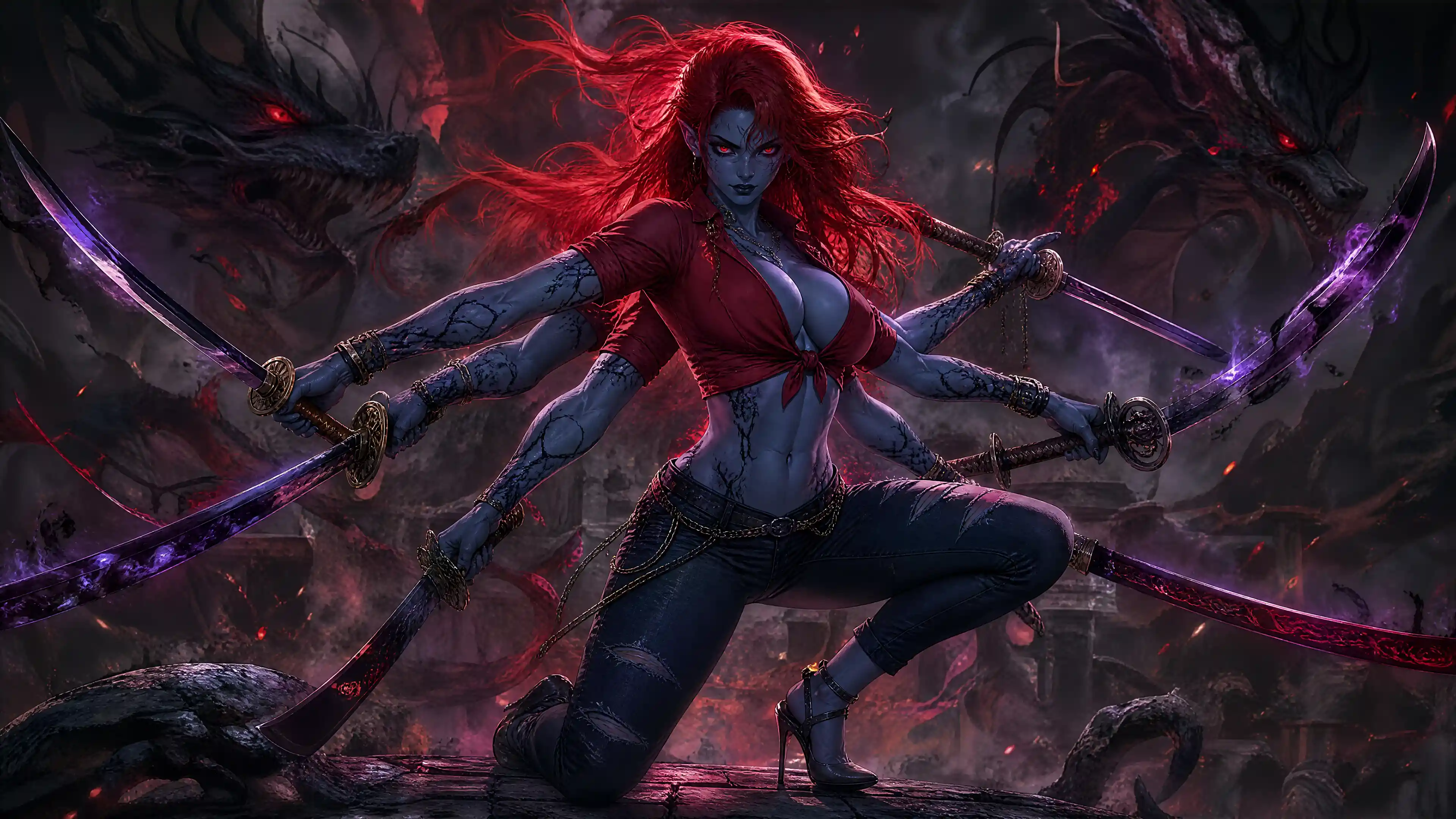 Blue skinned six armed rakshasi woman with swords
