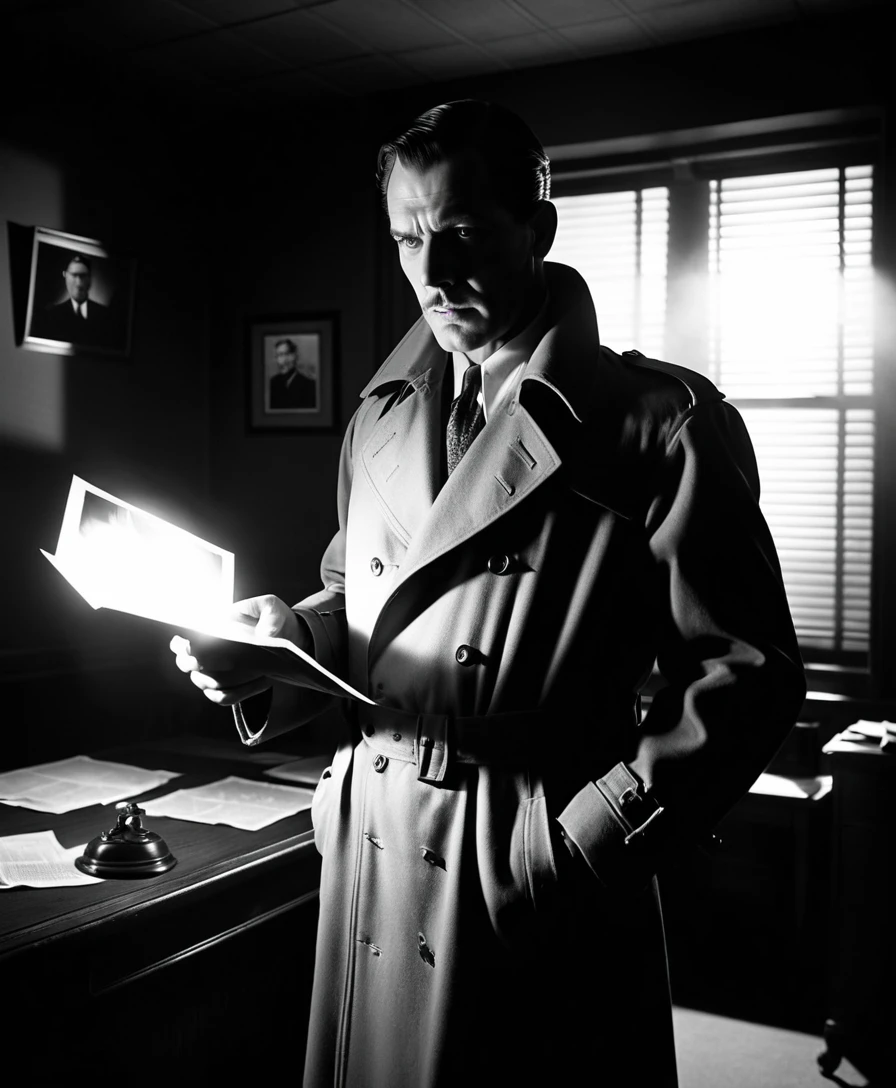 Vintage detective lit by a glowing photograph in smoky office
