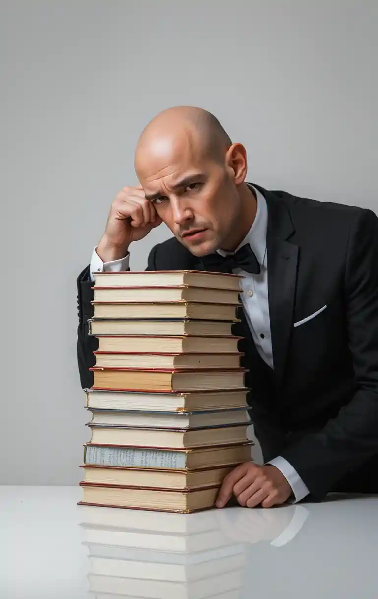 Bald man in tuxedo leaning on tall stack of books