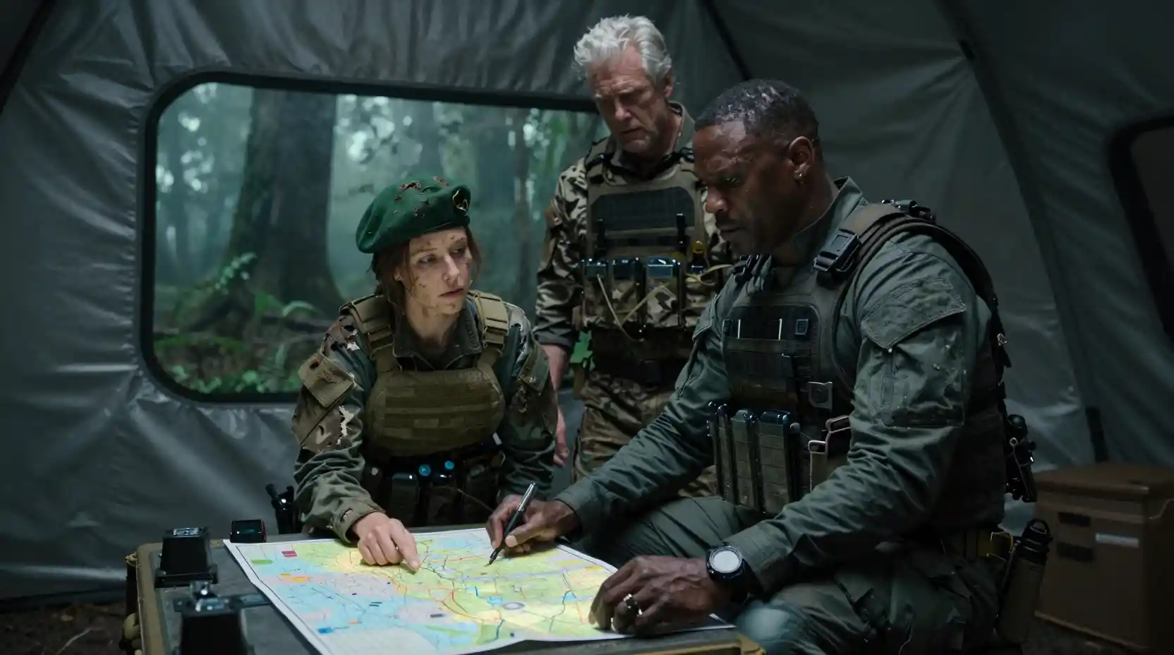 Tactical officers study a glowing battlefield map in a tent