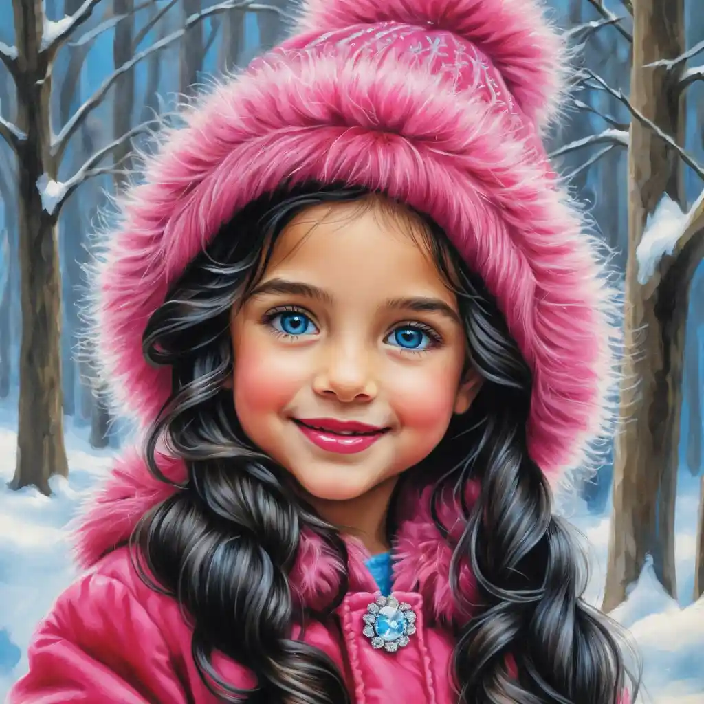 Smiling blue eyed girl in pink winter fur coat