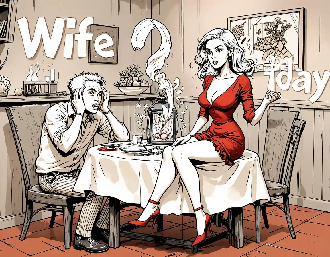 Chaotic cartoon couple arguing at a dining table