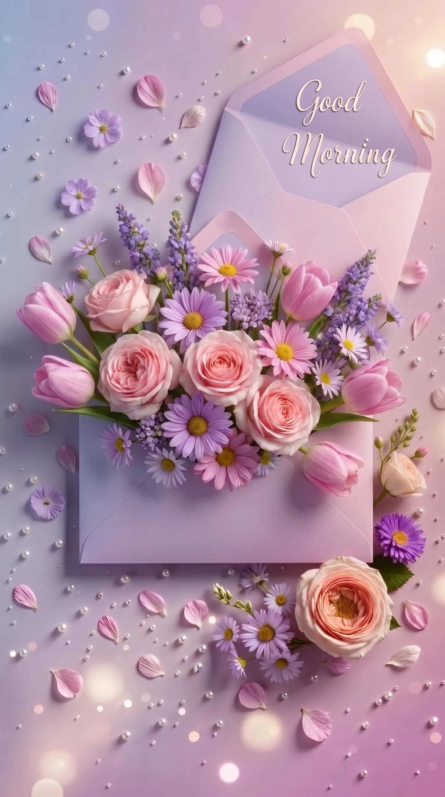 Sobre en suaves tonos pastel con detalles florales a la luz delicada