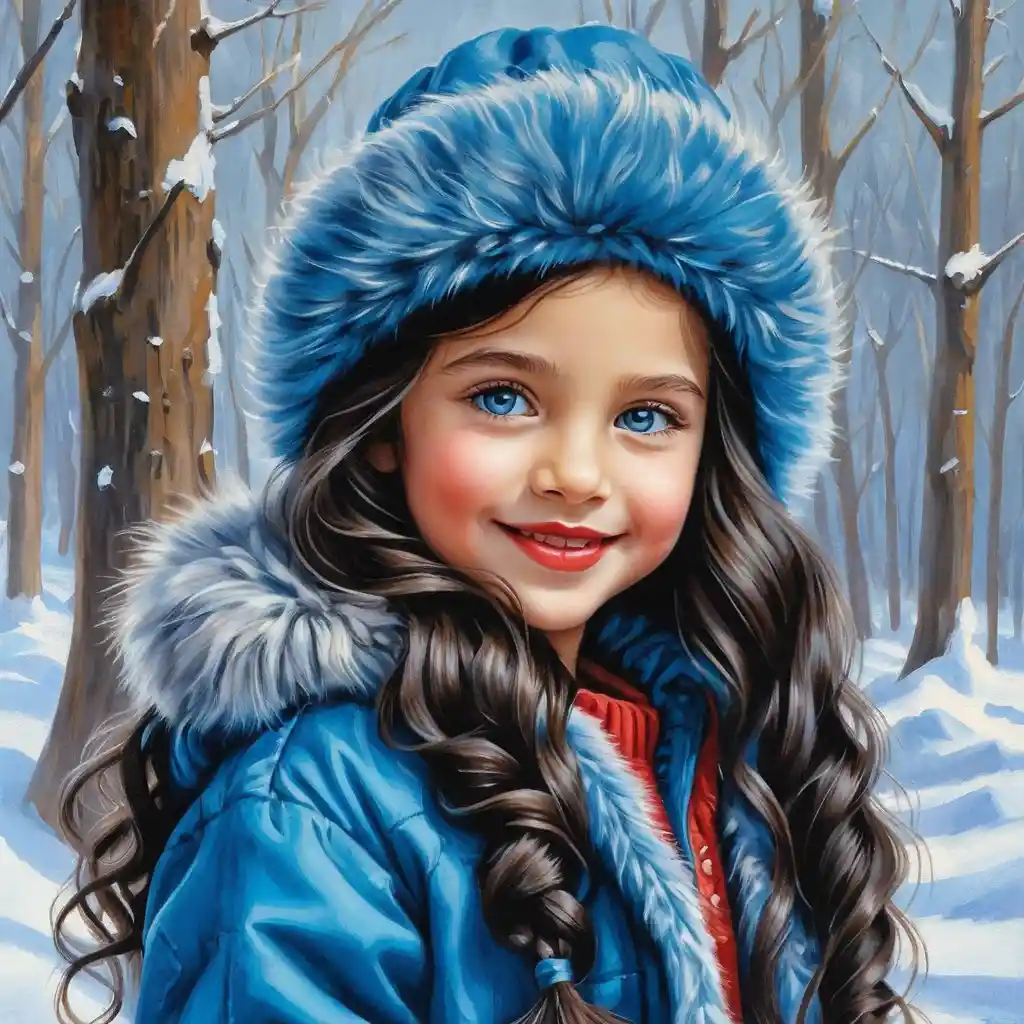 Smiling winter girl in blue fur coat and hat