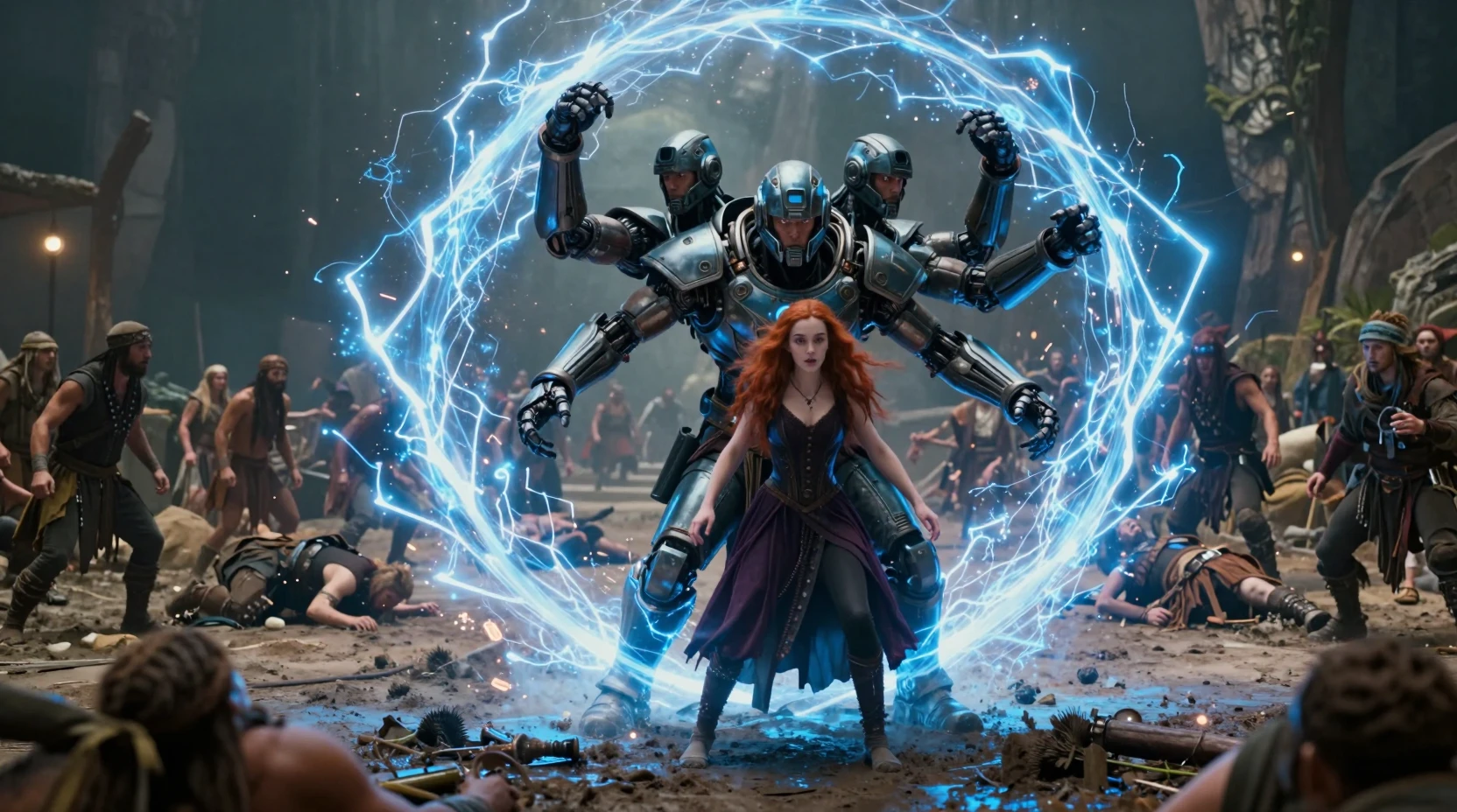 Cyberpunk warrior unleashing shockwave in village plaza