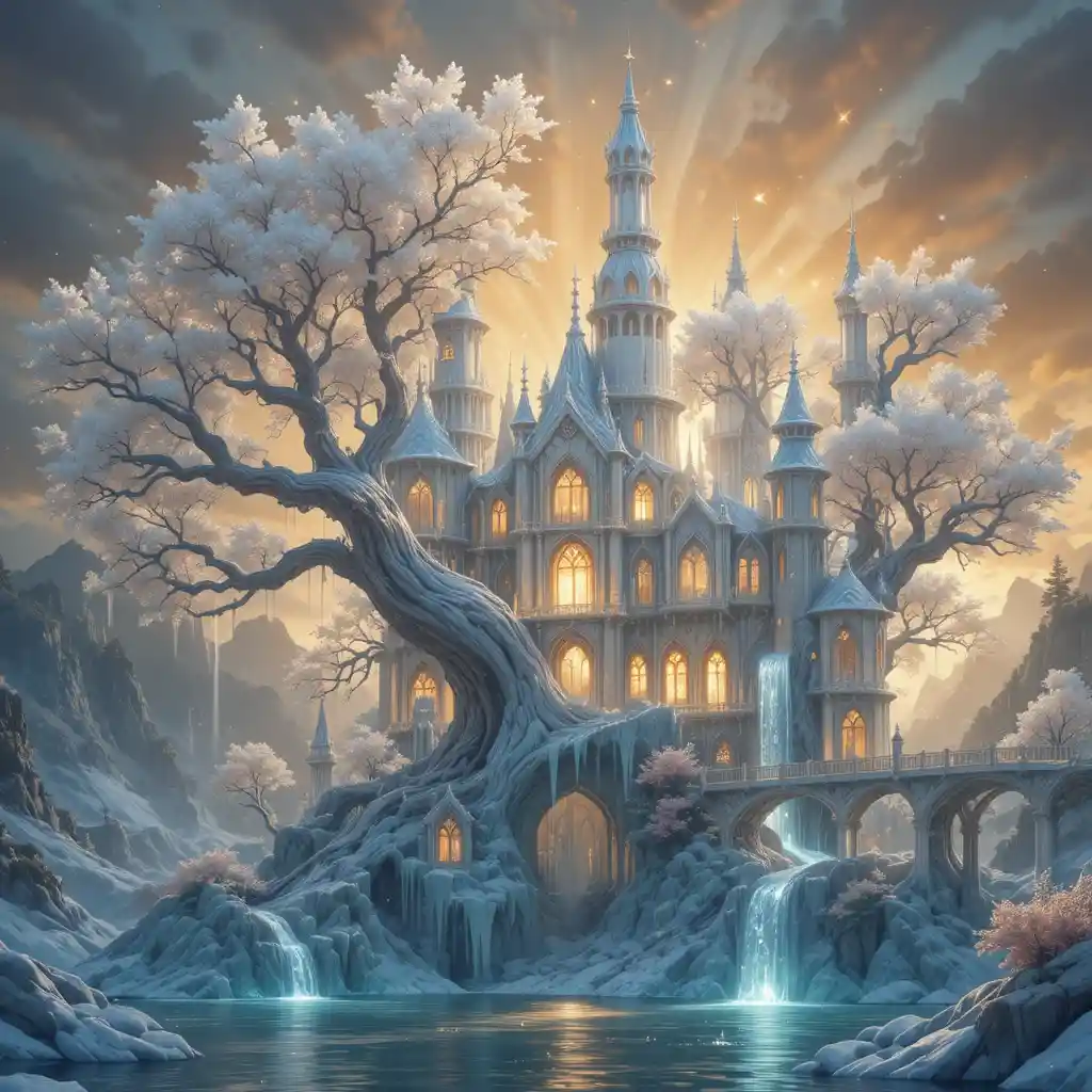 Colossal Ice Crystal Tree Growing Into Fantasy Castle