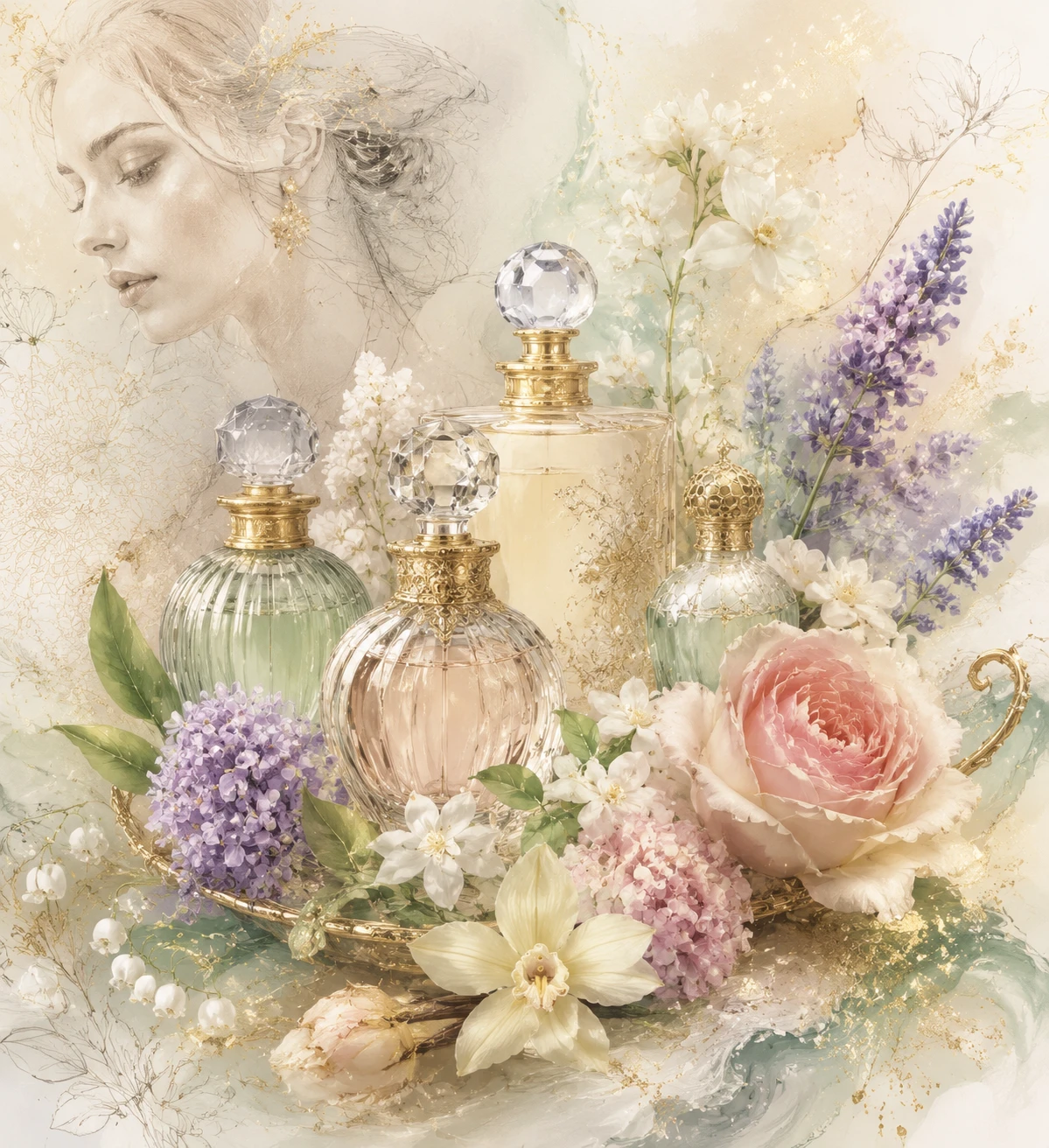 Moodboard de perfume romántico con elementos de fragancia floral