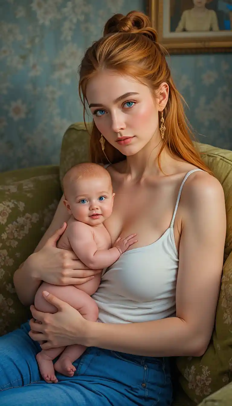 Young mother breastfeeding baby on cozy living room couch